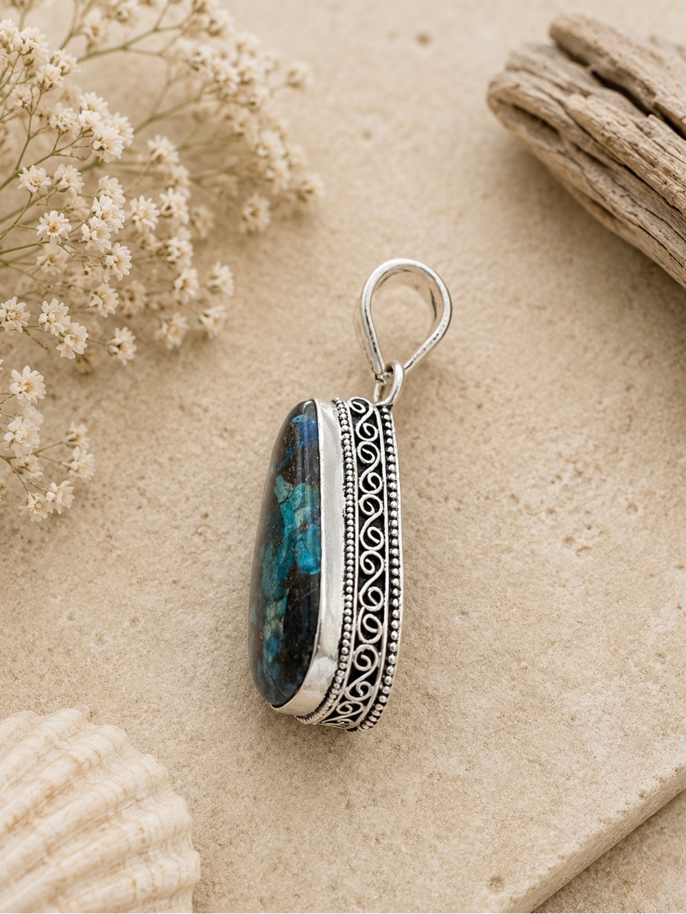 Blue Oyster Turquoise Gemstone Silver Antique Design Pendant - Picture 3 of 5